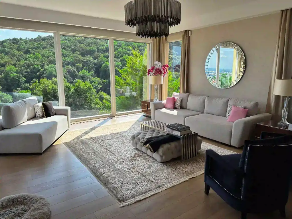 Sun-drenched living room layered with a Persian rug